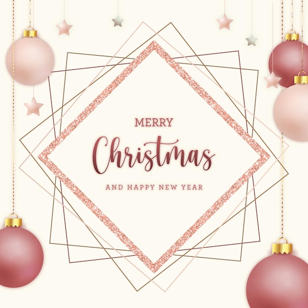 Postal de feliz Navidad con marco brillante y bolas de Navidad