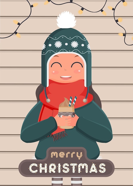 Postal feliz navidad. una niña con ropa de abrigo de invierno y gafas tiene una bebida caliente en sus manos. tarjeta cuadrada confeccionada para un tema de invierno. fondo de madera. ilustración vectorial.