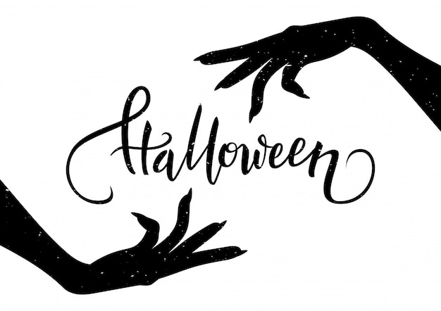 Postal de Halloween con manos espeluznantes y texto de caligrafía, ilustración vectorial