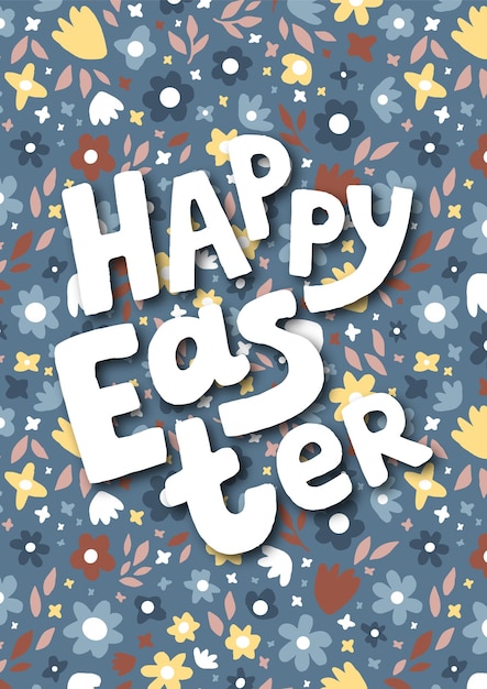 Postal con inscripción Feliz Pascua y flores Linda ilustración infantil