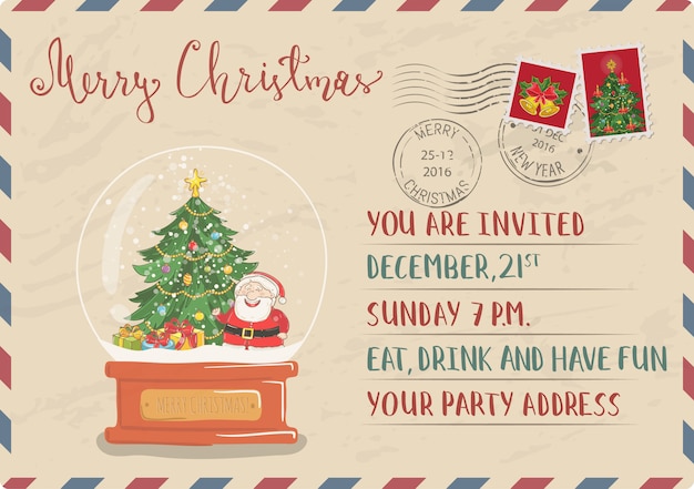 Postal de invitación de navidad vintage con sello y matasellos