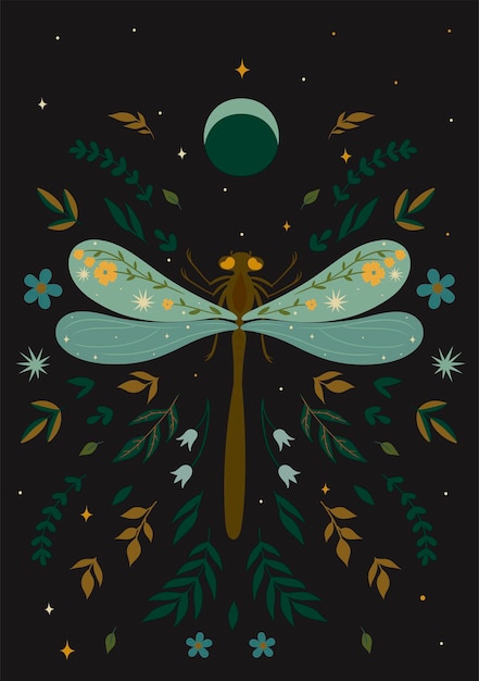 Postal con libélula en estilo boho. Gráficos vectoriales.