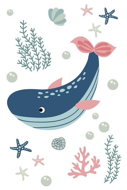 Postal con linda ballena dibujada a mano Fondo blanco aislar Ilustración vectorial