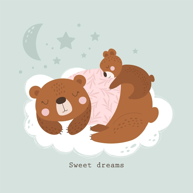 Postal con un lindo oso de dibujos animados para dormir Sweet Dreams Vector illustration