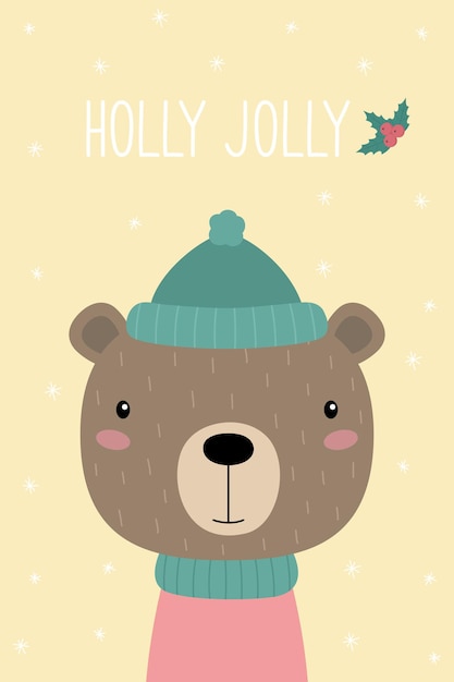 Una postal con un lindo oso de dibujos animados Holly Jolly Un oso de peluche con sombrero y bufanda