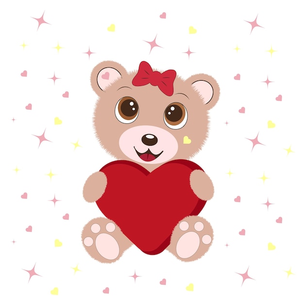 Postal con lindo oso de peluche y corazón rojo