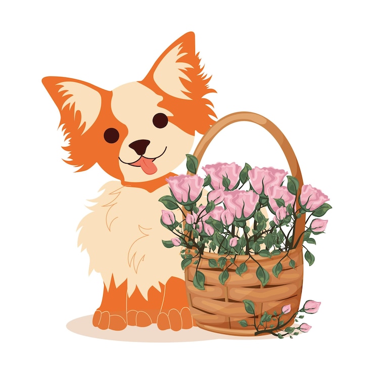 Vector postal con un lindo perro chihuahua y flores en una canasta de mimbre