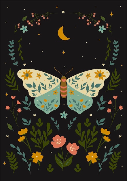 Postal con una mariposa en estilo boho. Gráficos vectoriales.