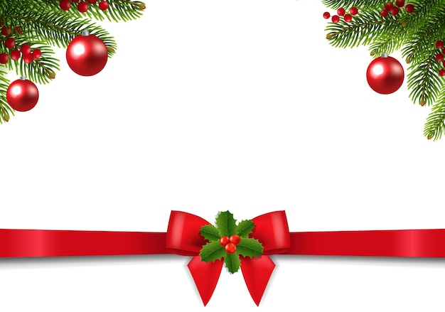Postal de Navidad con borde de Poinsettia con Holly Berry y cinta con malla de degradado, ilustración vectorial