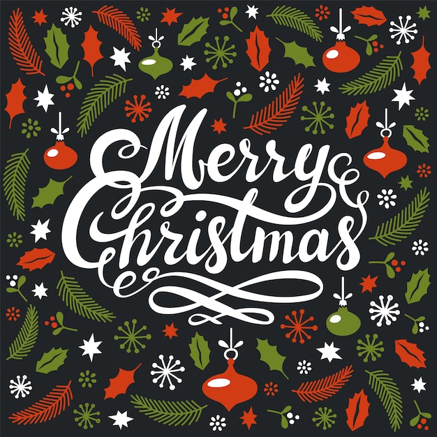 Postal de Navidad con elementos navideños e inscripción caligráfica manuscrita de feliz Navidad