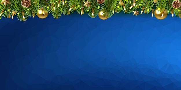 Postal de Navidad con guirnalda con bombillas de fondo azul con malla de degradado, ilustración vectorial.