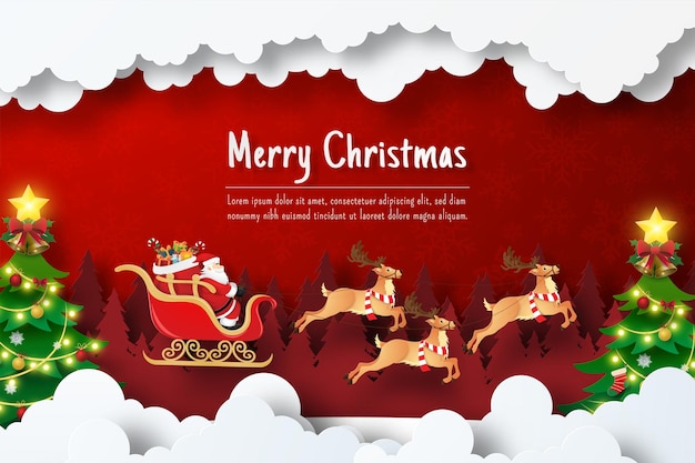 Postal de Navidad de Santa Claus en un trineo en un bosque de pinos, Ilustración de corte de papel