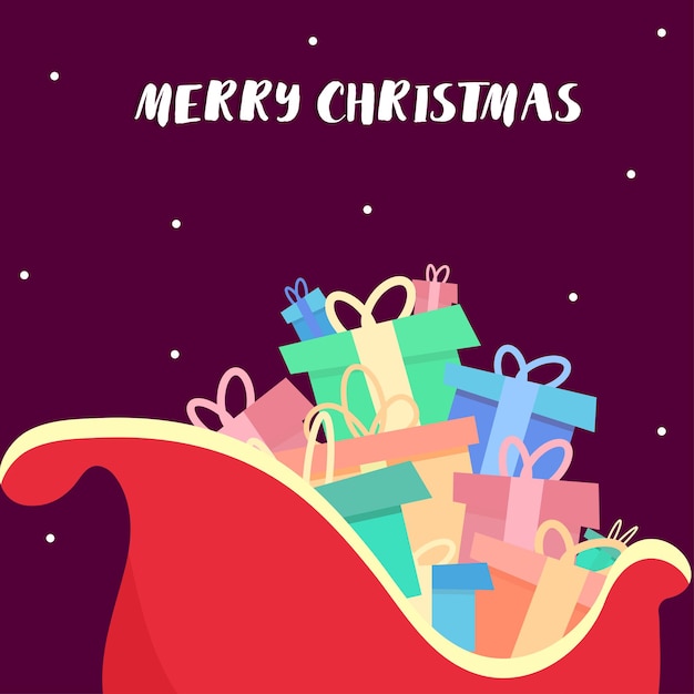 Postal de Navidad con trineo y regalos.