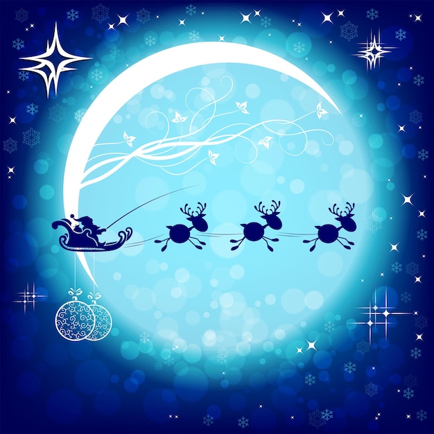 Vector postal navideña con una gran luna brillante y papá noel en un trineo montado en un pequeño ciervo