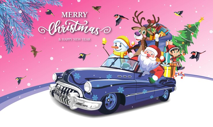 Postal navideña vintage Papá Noel con un muñeco de nieve, un elfo y un reno entregan regalos a un niño