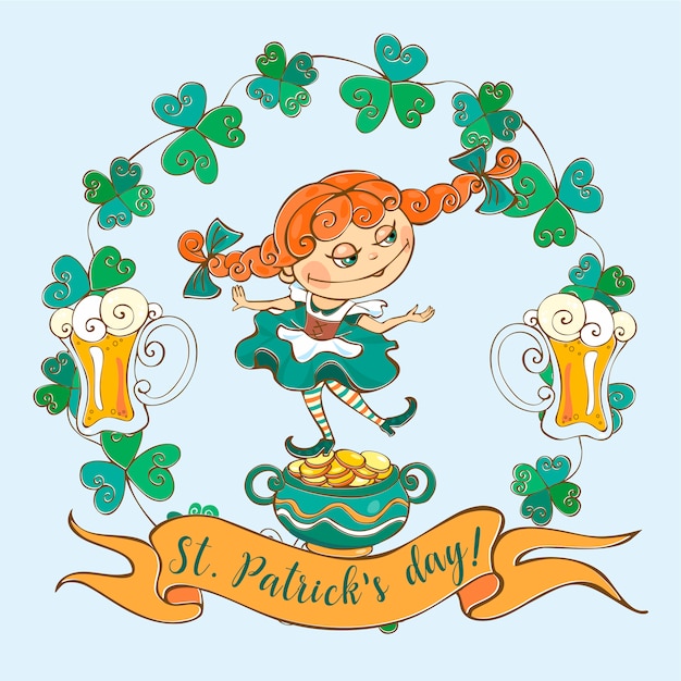 Vector postal con una niña irlandesa para el día de san patricio.