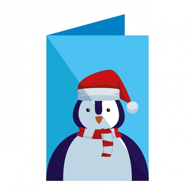 Postal de pingüino con sombrero de santa claus