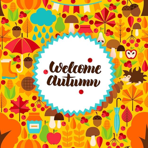 Postal plana de otoño. Ilustración vectorial del concepto estacional de otoño.