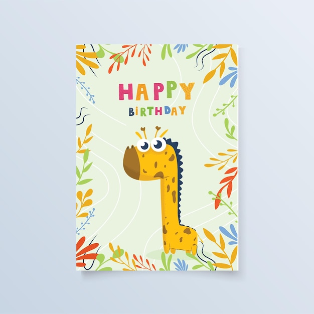 Vector postal de plantilla con vacaciones de cumpleaños de tarjeta de felicitación de jirafa