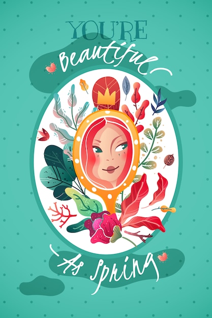 Vector postal de póster vertical decorativa dedicada a la primavera y la belleza femenina.