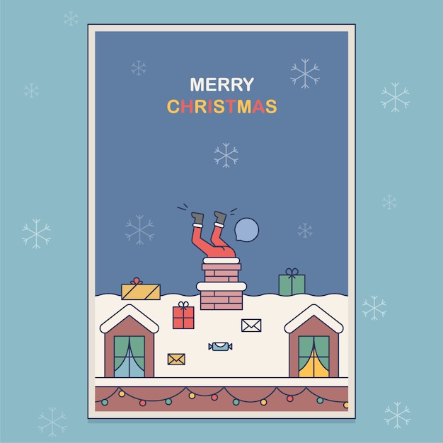 Vector postal en la que santa claus está atrapado en una chimenea. ilustración en un estilo plano sobre un tema navideño