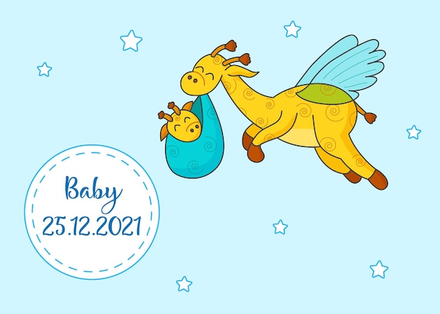 Vector una postal para un recién nacido. divertida jirafa voladora. hola bebé. felicitaciones por el nacimiento de un niño. certificado de nacimiento. hola mundo.