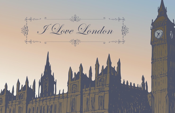Vector postal retro con el paisaje urbano de londres