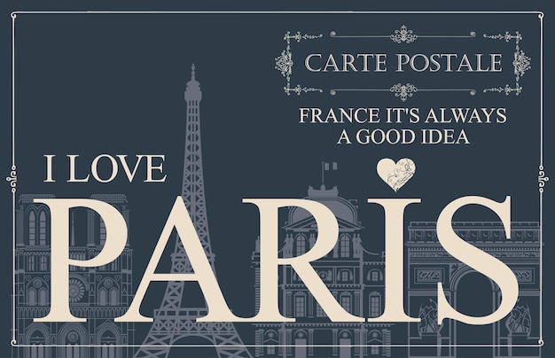 Postal retro con palabras I love Paris