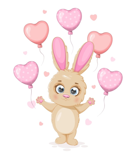Postal de San Valentín con conejito romántico y globos.