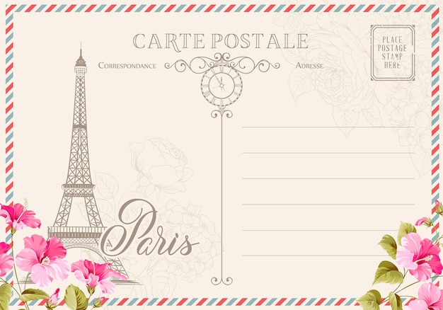 Postal con sellos postales y flores. Ilustración vectorial.