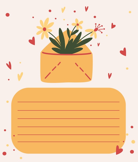 Postal con sobre y flores. Correo floral. Plantilla para una tarjeta de felicitación navideña. Flores, corazones y un espacio vacío para la inscripción. Dibujar a mano ilustración vectorial.