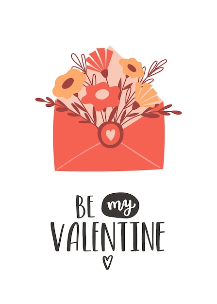 Una postal con un sobre con un ramo de flores simples y una frase escrita a mano sé mi san valentín un símbolo de amor romance día de san valentín ilustración de vector de color sobre un fondo blanco