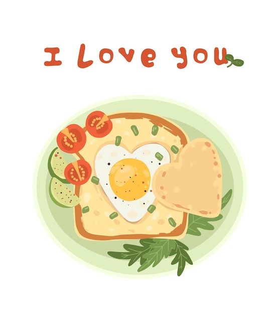 Postal Te amo Huevos revueltos en forma de corazón Tostadas con huevo aguacate y tomates