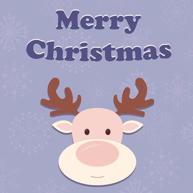 Postal con texto Feliz Navidad y lindo ciervo con copos de nieve en el fondo
