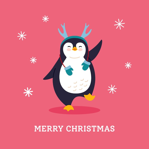 Postal de vacaciones de invierno. Saludo de Navidad de dibujos animados de Renguin. Carácter de invierno animal de año nuevo. Ilustración aislada