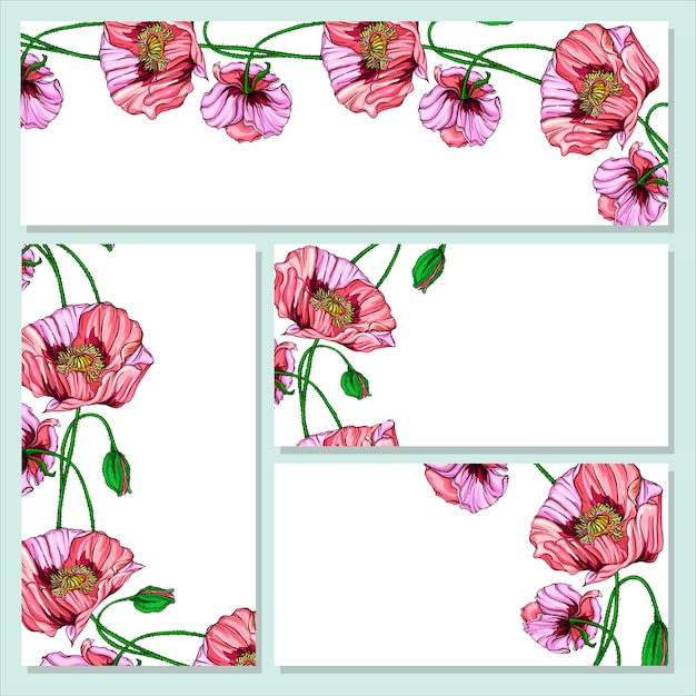 Postal de vector con flores de amapola rosa