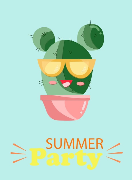 Una postal de verano con un fondo azul y un cactus brillante y alegre con pensamientos de una fiesta de verano