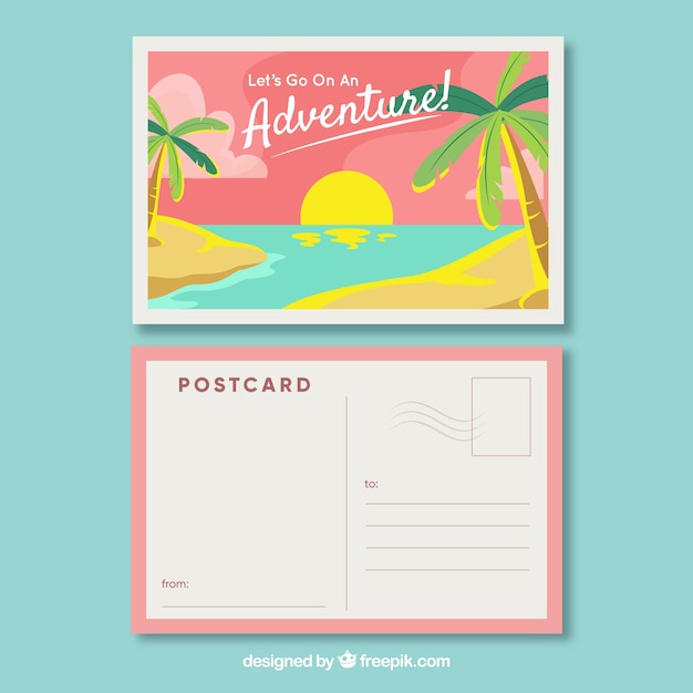 Vector postal de viaje con vista de playa en estilo plano