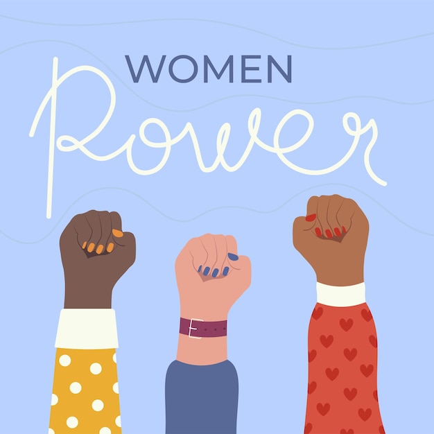 Postal Women Power para el Día Internacional de la Mujer 8 de marzo con puños Flat Style Vector Illustration