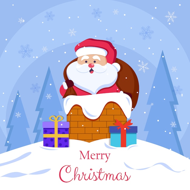 Postales de feliz Navidad y feliz año nuevo con Santa Claus en el techo con regalos listos para bajar a través de ilustraciones de chimenea de ladrillo en azul