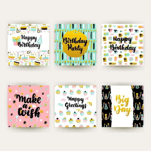 Postales de fiesta de cumpleaños. Ilustración de vector de diseño de tarjeta de felicitación con letras.