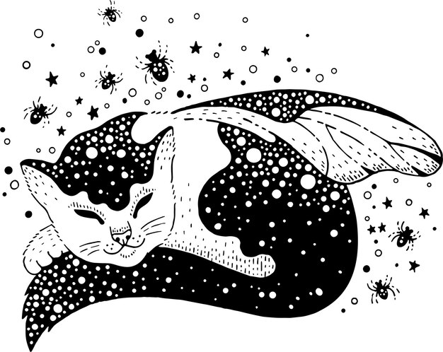 Póstar de halloween con un lindo gato celestial con alas de mariposa arañas y estrellas tatuaje místico