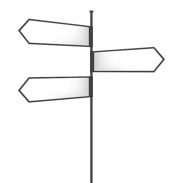 Poste indicador de cruce con tres flechas blancas multidireccionales en blanco. Maqueta de vector