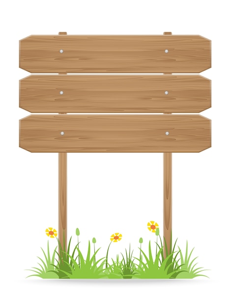 Poste indicador de madera en hierba con la flor en el fondo blanco