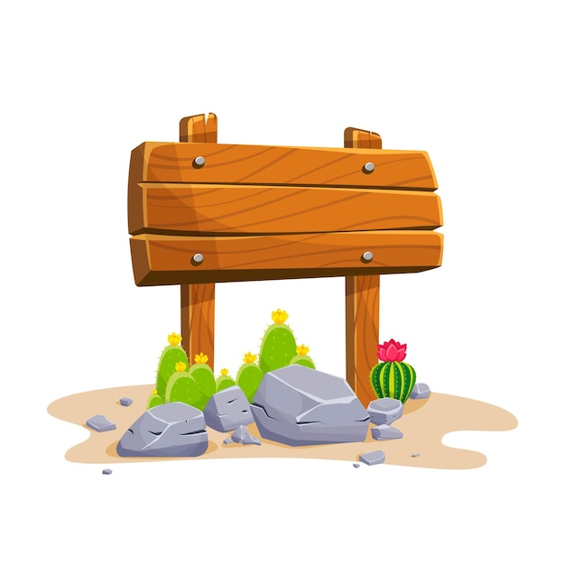 Poste indicador de madera con piedras y cactus con espacio vacío para texto Conjunto de una caricatura de letreros de madera de varias formas de pie sobre las rocas en un desierto Ilustración vectorial