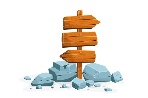 Poste indicador de madera con piedras con espacio vacío para texto Conjunto de una caricatura de letreros de madera de varias formas de pie sobre las rocas Ilustración vectorial