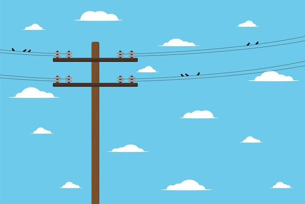 Un poste de madera con cables de alta tensión en la ilustración de vector de fondo de cielo de electricista