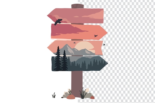 un poste de señales con montañas y árboles