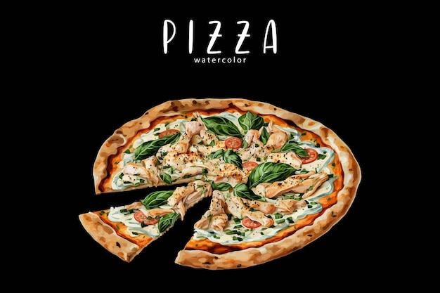 Un póster de acuarela con una pizza en un fondo negro.