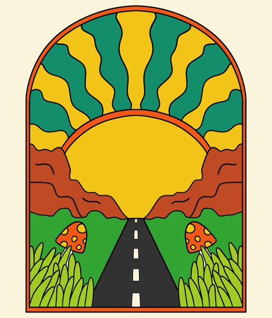 Vector poster de los años 70 dibujos animados paisaje psicodélico ilustración vectorial